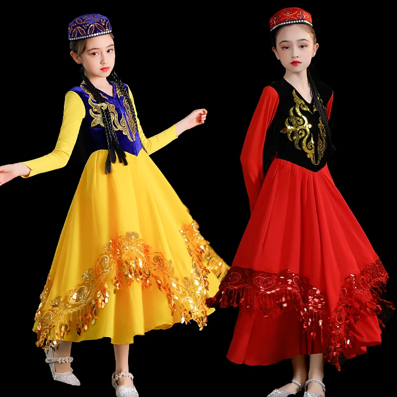 Traje de performance de dança xinjiang infantil, mãos inspiradas em 56 minoriais étnicas, saia grande de dança uigur