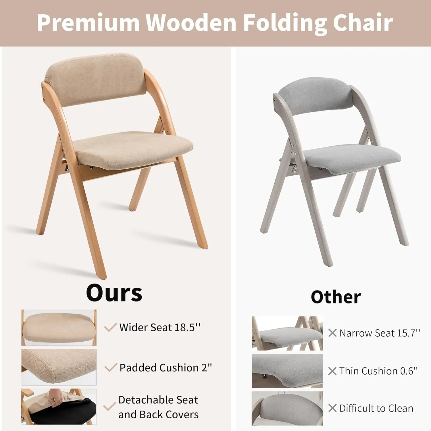 Folding Chairs with Padded Seats, Wooden Stackable Dining Chairs Set of 2 with Removable Cover Folding Extra Chair