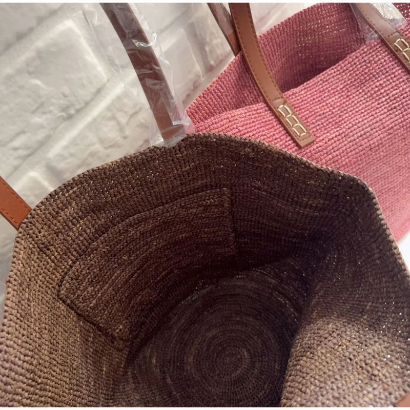 Raffia-Stroh-Häkel-Schultertasche mit Rindslederriemen, Damen-Tragetasche, Sommer-Strand-Urlaubstasche mit großer Kapazität, einfarbige Handtasche – Detail 3