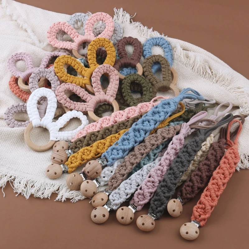 

B2EB Pacifier Clip Rabbit Ears Rattle Teether Infant Teething Relief Crochet Anti-Drop Clip Toddler Chewing Shower Gift