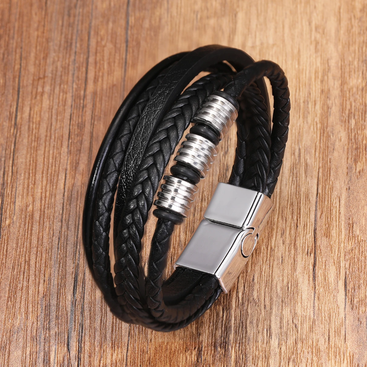 

Classic Men's Stainless Steel Magnetic Buckle Leather Bracelet Men's Jewelry Charm Braided Rope Chain Wholesale Direct Sales