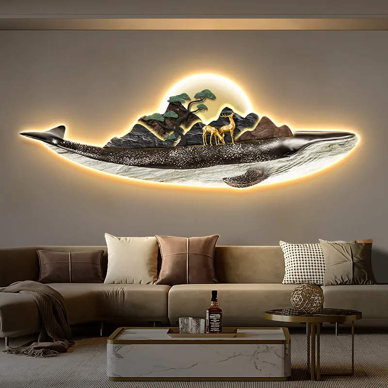 Luxury Whale Sofa Background Wall Light Painting, New Chinese Style Landscape Bedroom Bed Head Glow Hanging Art