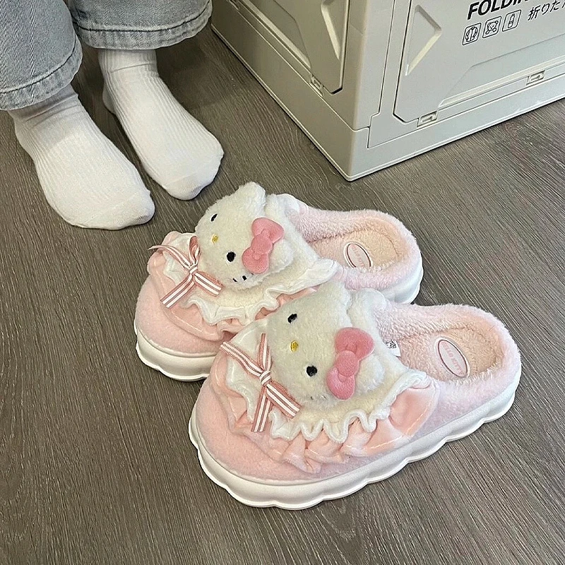 New Sanrio Hello Kitty Cotton Slippers For Women In Autumn And Winter Cute Indoor Home Warmth Thick Bottom