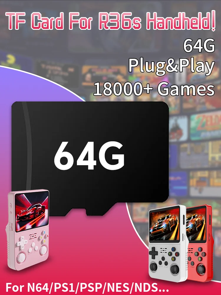 Karta TF 64G do konsol R36s, do N64/PSP/PS1/SS/NES/SNES/NDS/DC, wbudowana karta pamięci z 18494 grami, Plug&Play — zdjęcie produktu 7