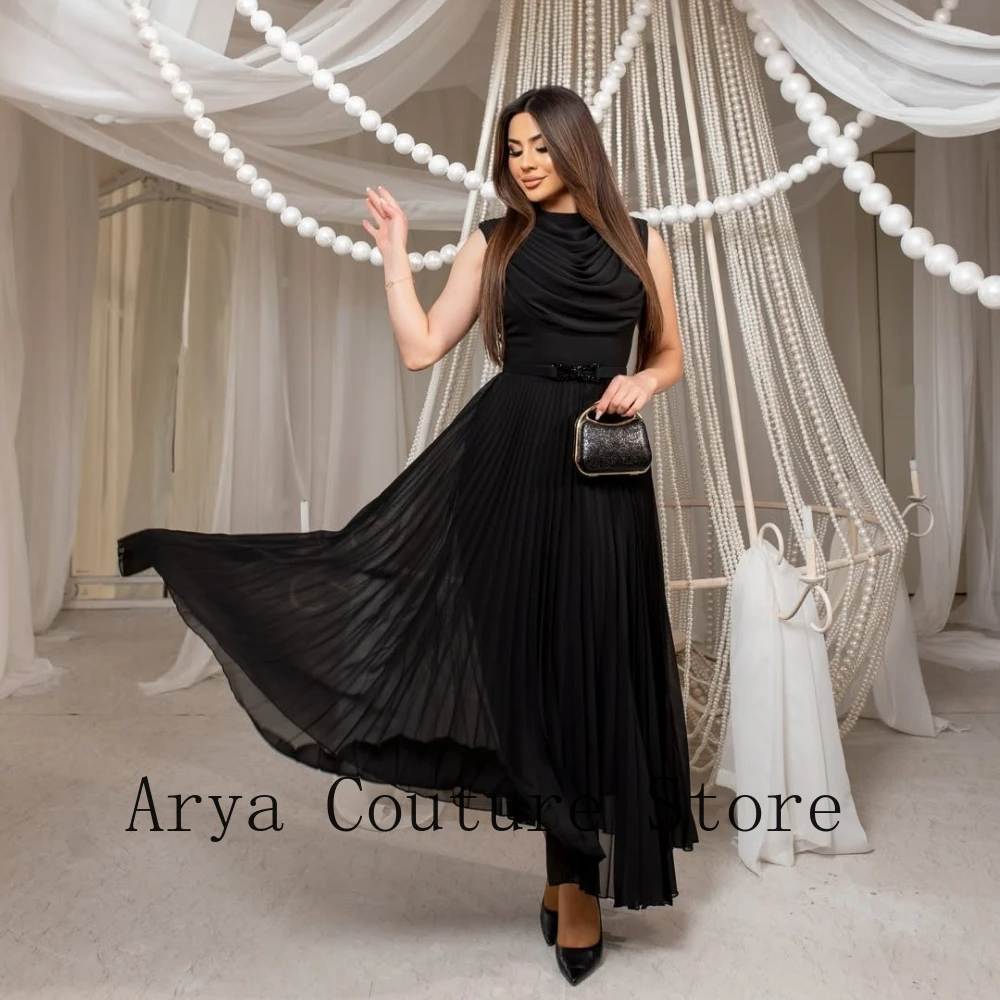 

Customized Black High Neck Ruched Sleeveless Bow Waist Pleated Chiffon Midi Evening Dress, Formal Party Bridesmaid Gown