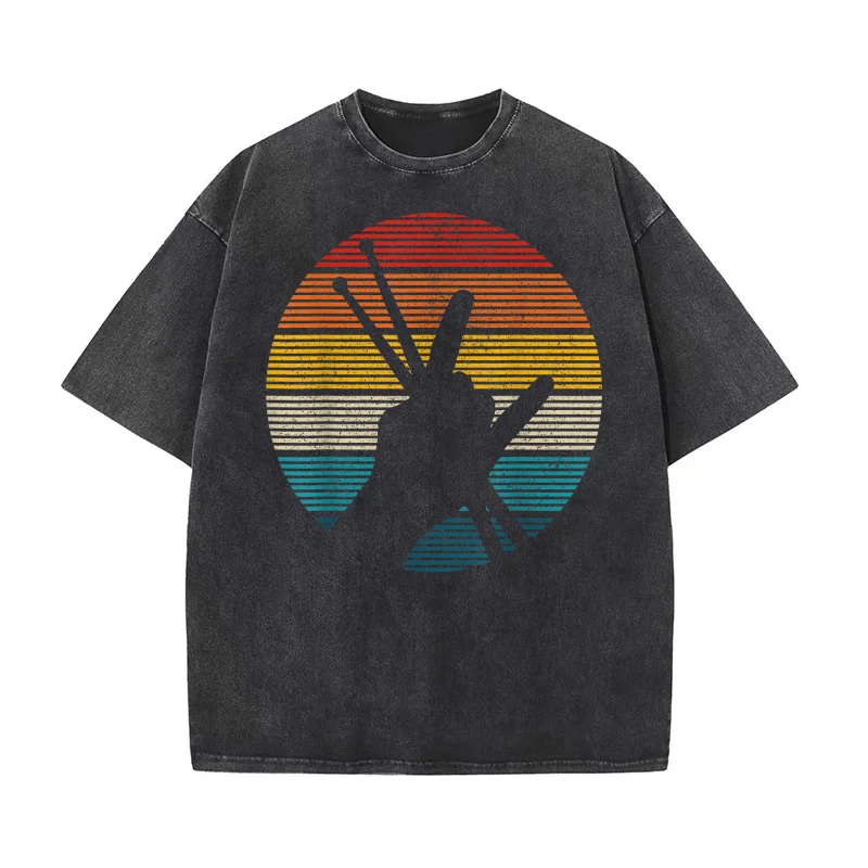 

Vintage Drummer Drum Sticks Rock & Roll Hand Horns Gift Pure Cotton T-shirt For Man Oversized Art Graphic Clothing Printed