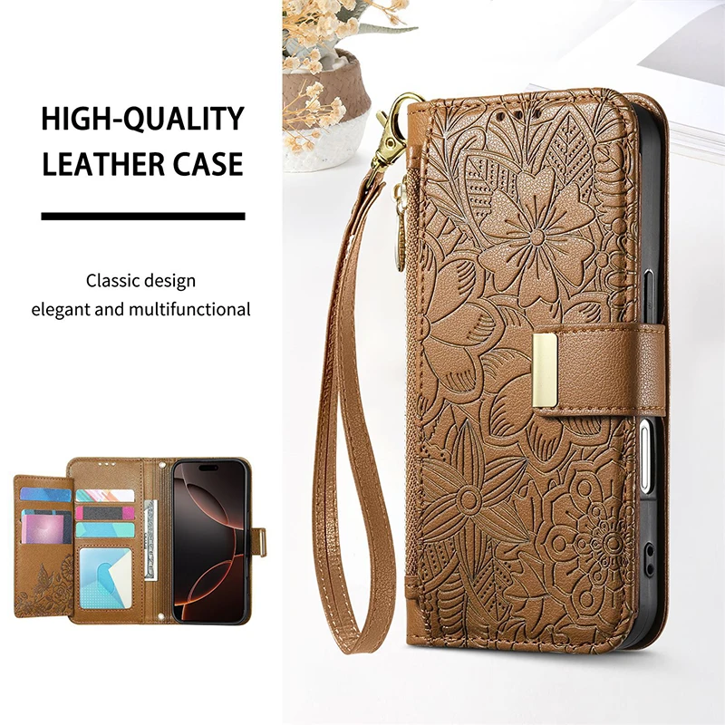 حافظة محفظة بطاقات كروس لهاتف سامسونج جالاكسي S25 FE S24 Ultra Plus S25Edge حافظة كاملة من الجلد مع حزام للرسغ