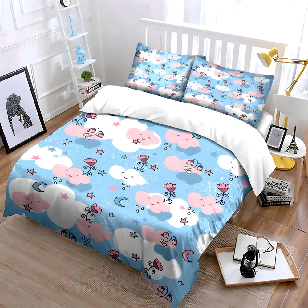 Dreamy smiling clouds and crescent moons Pattern Duvet Cover Set Digital Print Colorful Polyester Bedding with Zipper Closur