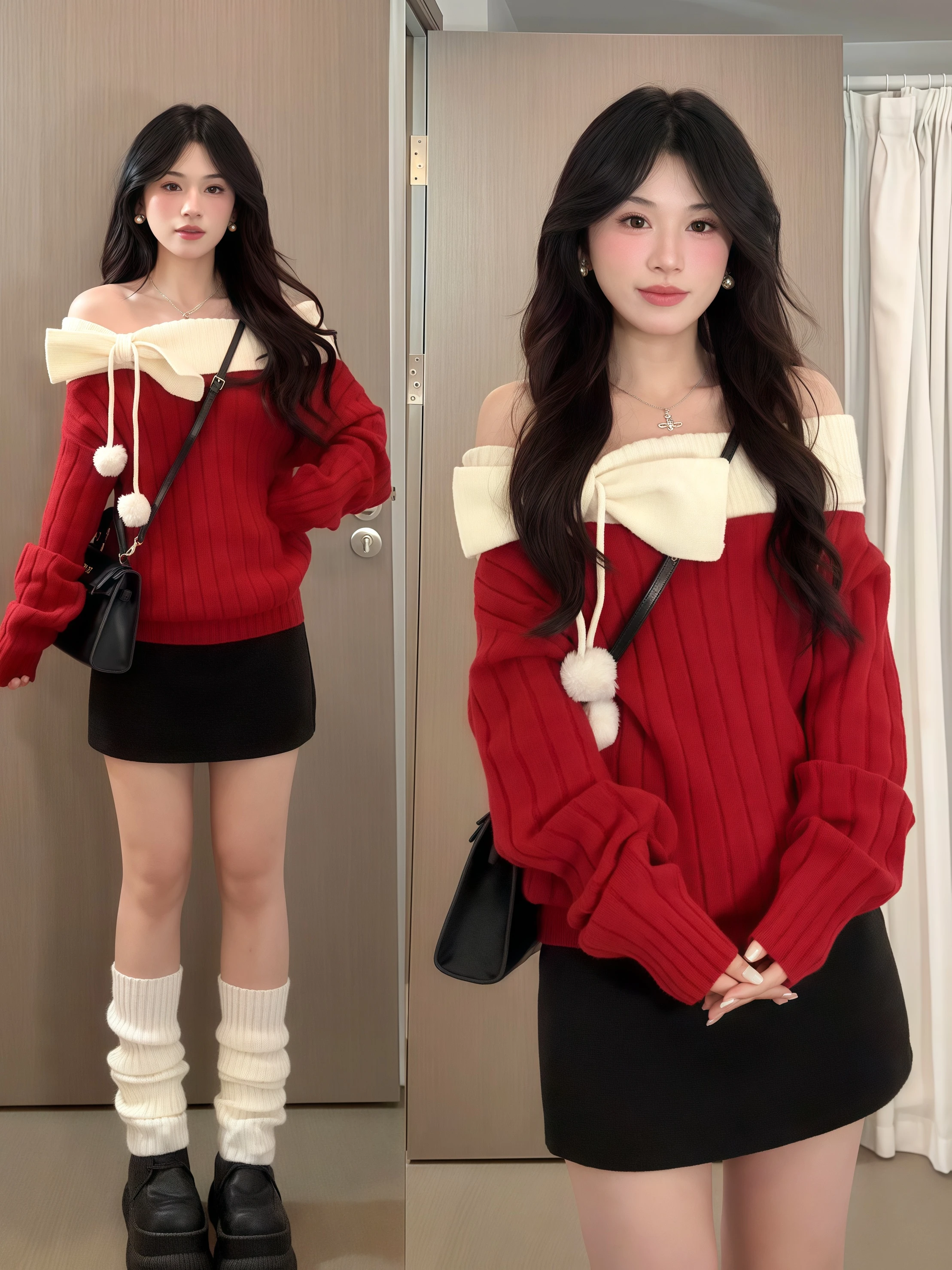 Rote One-Shoulder-Strickwaren mit Knoten, weiches, gemütliches Damen-Herbst-Winter-Faion, einzigartiges Oberteil für Neujahrsoutfit