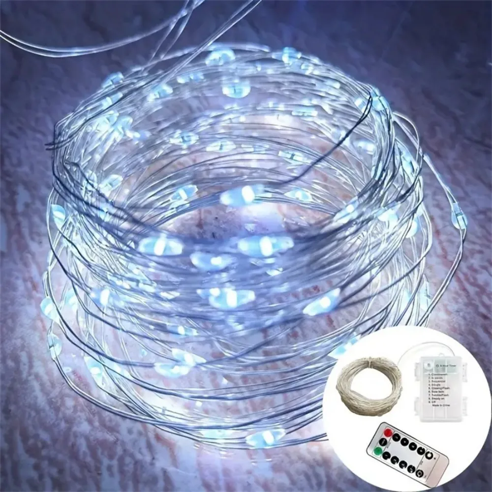 1PC 5M50LED/10M100LED Waterproof Battery Box Copper Wire Light String with 8 Remote Lighting Modes,Used for Party Decoration