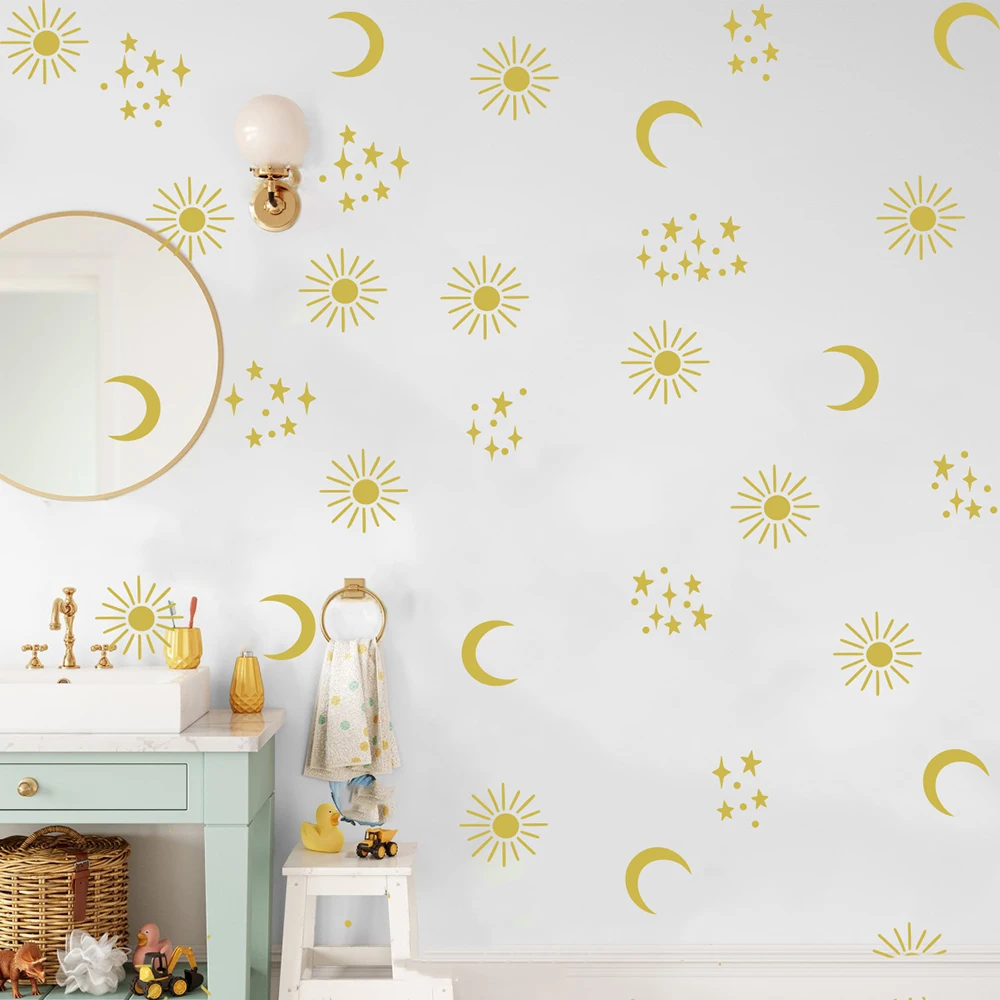 

Cartoon Sun Moon and Stars Wall Sticker Decal Planet Galaxy Space Celestial Moon Kids Room Living Room Bathroom Home Decor