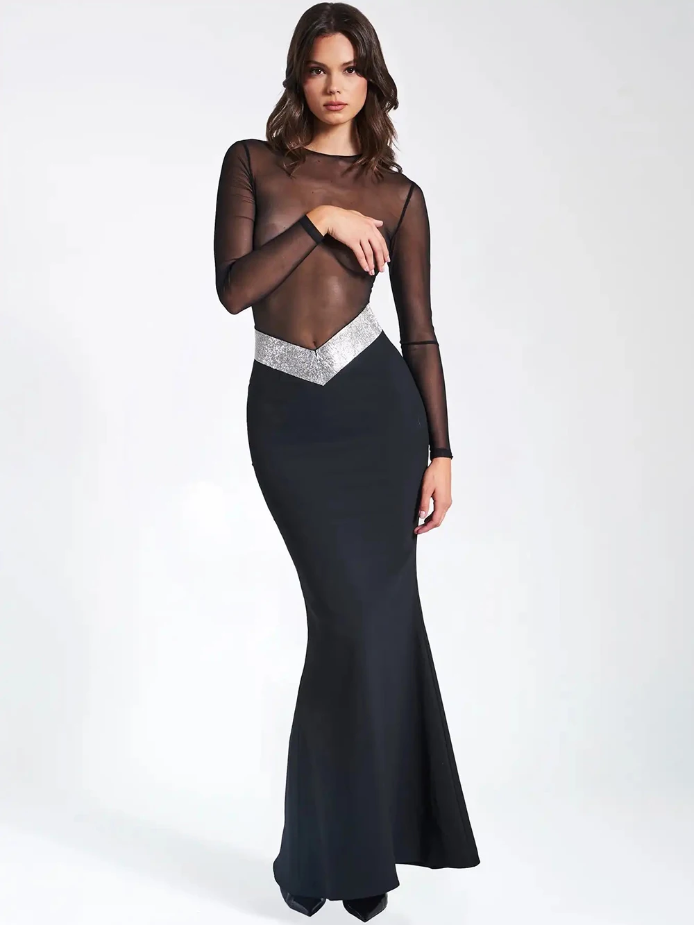 

Modphy Women Long Sleeve Sexy Mesh See Through Bodycon Bandage Mermaid Dress Diamond Evening Runway Party Perspective Long Dress