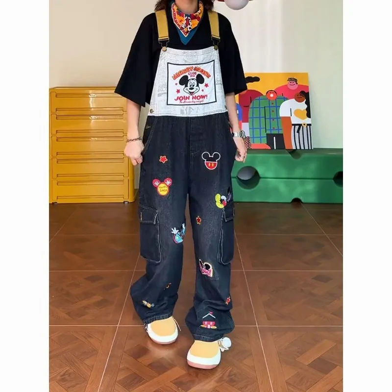 Monos vaqueros de talla grande de Disney Mickey, estilo retro HK, forma de pera, monos holgados de pierna ancha para mujer, ropa de moda para mujer