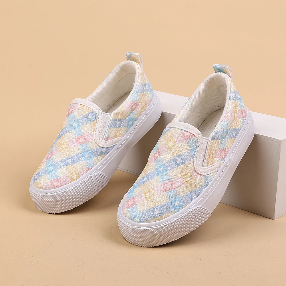 COMFY KIDS Girls' Rainbow Gradient Checkered Glitter Slip-On Canvas Sneakers, Soft Non-Slip Breathable Toddler Casual Shoes, Spr