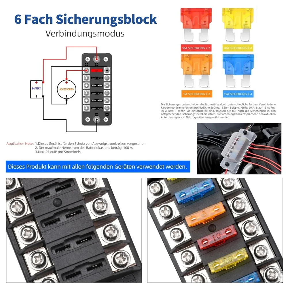 6-Way Fuse Holder, 12V Fuse Block ATC/ATO Car Fuse Box,Fuses Blade Fuses without LED Display,Positive Negative for DC 12 V/24 V