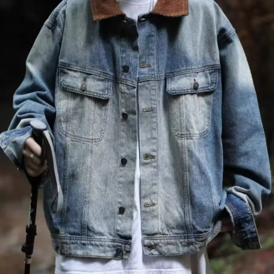 

Large Size 300 Pou American Retro Waed Denim Jaet Men's Spring Color Blo Casual Jaet Youth Wear Resistant Wear