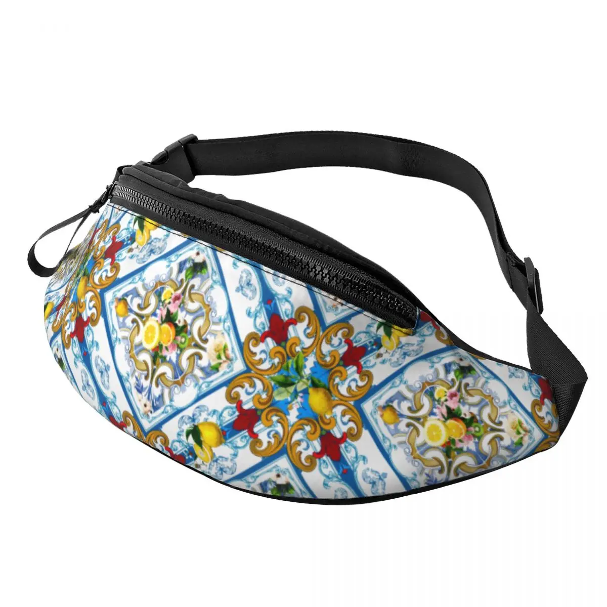 Custom Mediterranean Lemons Citrus Sicilian Tiles Fanny Pack Women Men Crossbody Waist Bag for Travel Hiking Phone Money Pouch