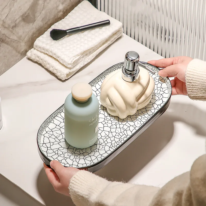 Bathroom Countertop Hotel Supplies Dinner Tray Light Luxury Ceramic Oval Board Pattern Plant Decorative Tray
