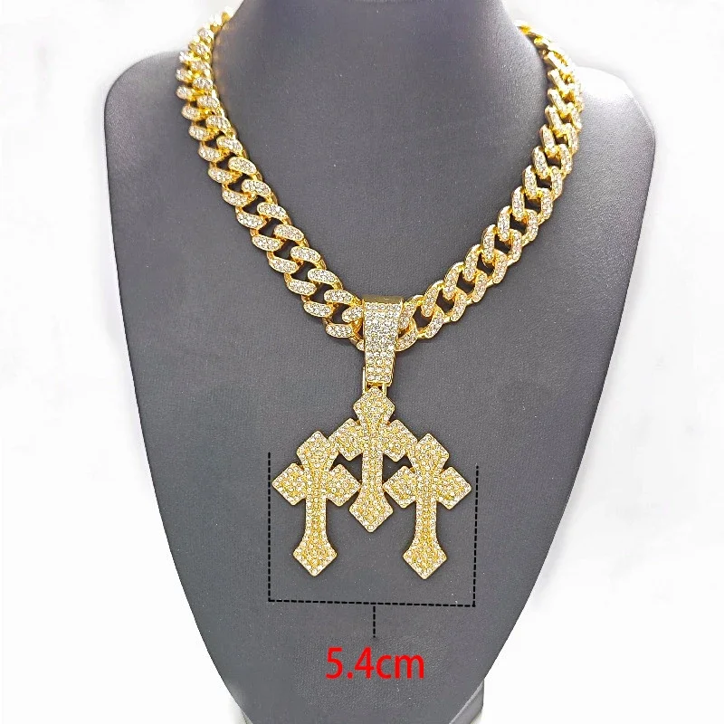 ใหม่ Iced Out ซ้อน Crosses จี้สร้อยคอผู้ชาย 13mm Cuban Chain Hip Hop Cross Rhinestone เครื่องประดับจี้ของขวัญ