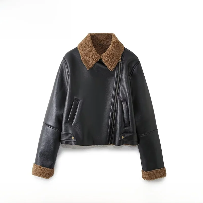 

EVEA New Women's Faion Autumn Winter Lamb Velvet Lined Biker Sle Jaet Straight Cut Commute Sle Polyester Fiber Zipper...