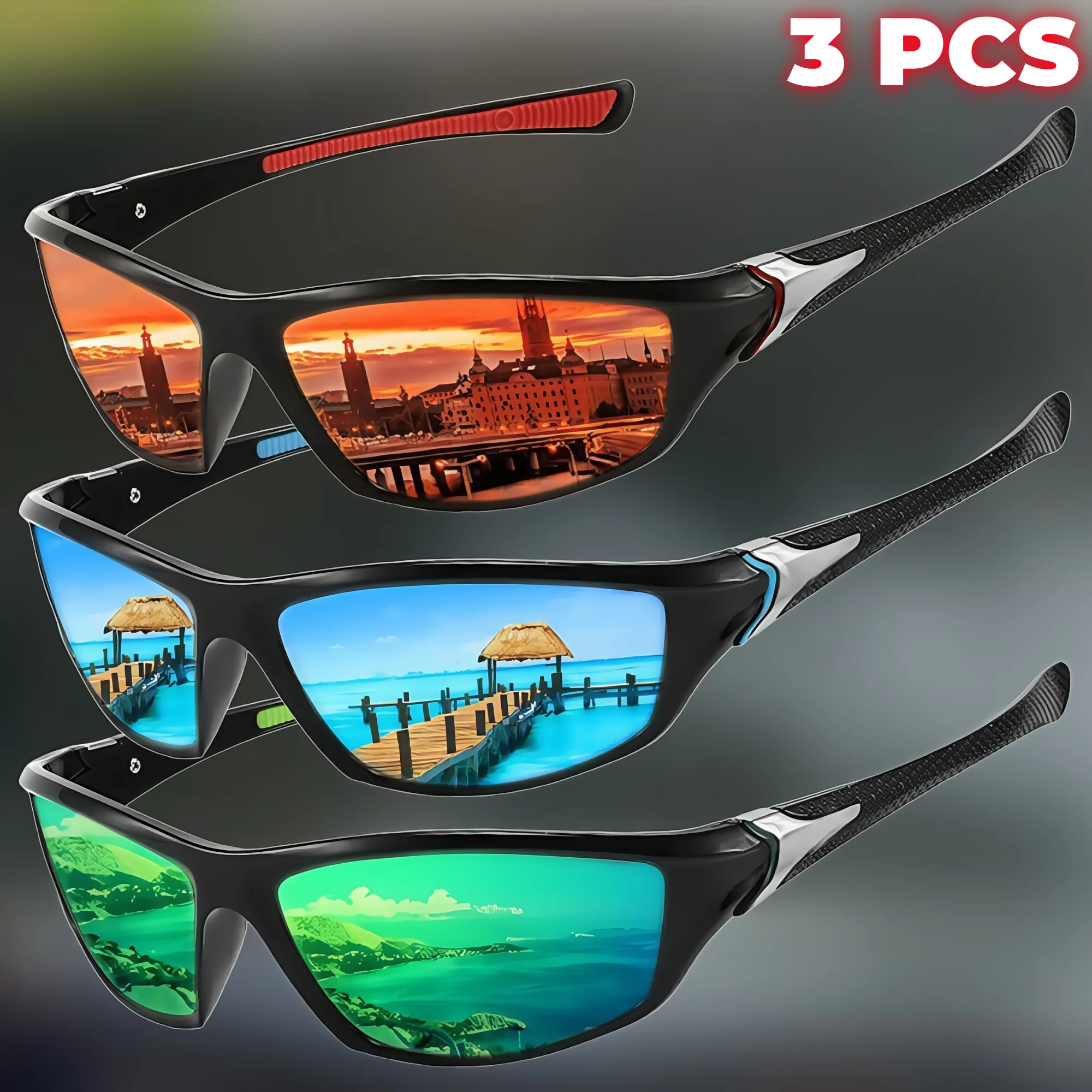 3PCS Retro Vintage Outdoor Sport Sonnenbrille Wraparound Mehrfarbige Linsen Leichte UV400 für Radfahren Angeln Unisex Brillen