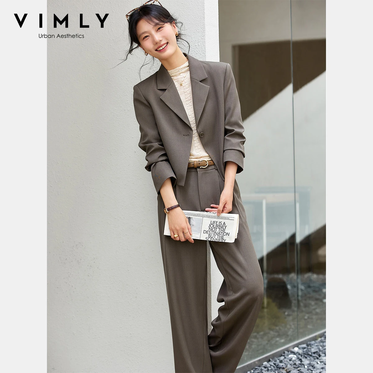 

VIMLY Women Office Work Wear Pant Suits 2025 Brown Autumn Cummute Outfits Wide Legs Long Pant Blazer Ladies 2 Piece Sets A2658
