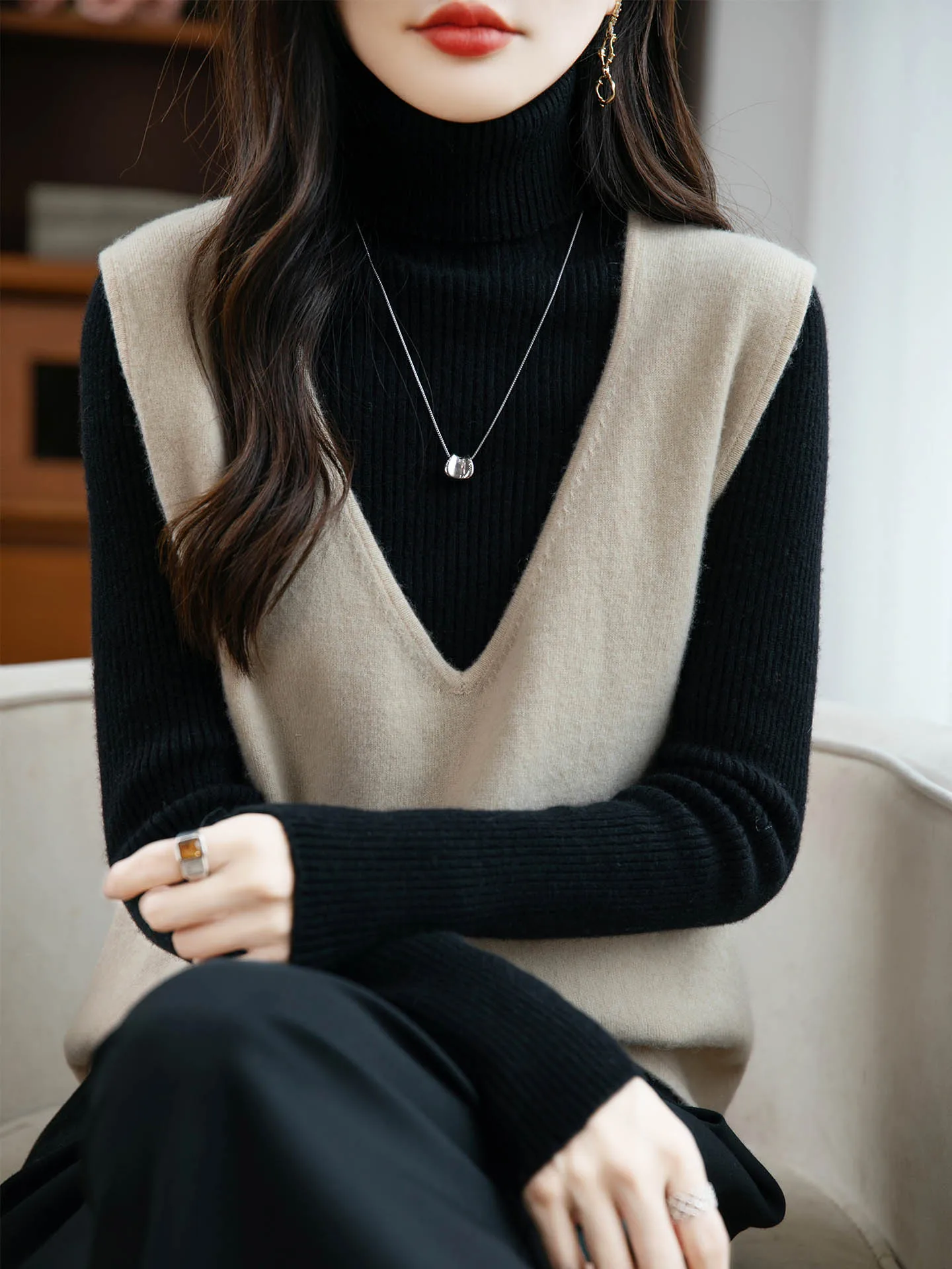 المرأة 100% ميرينو الصوف للنساء سترة بلا أكمام الخامس الرقبة الخريف الشتاء نمط جديد البلوز الصلبة فضفاضة مريحة الكشمير