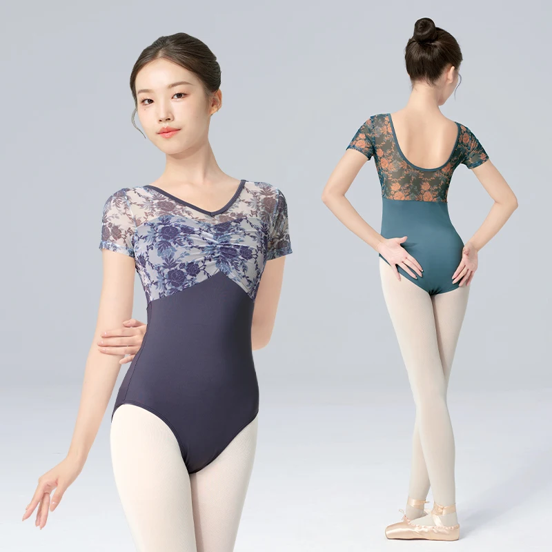 Woman Ballet Leotards Floral Fake Two-pieces Dance Leotards V Neck Mesh Splice Short Sleeve Gymnastic Leotard Ballet Bodysuit