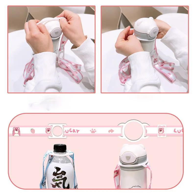 Cute Miniso Sanrio Two in One Water Cup Straps Anime Cartoon Beverage Bottle Vacuum Cup Go Out Single Shoulder Lanyard Girl Gift