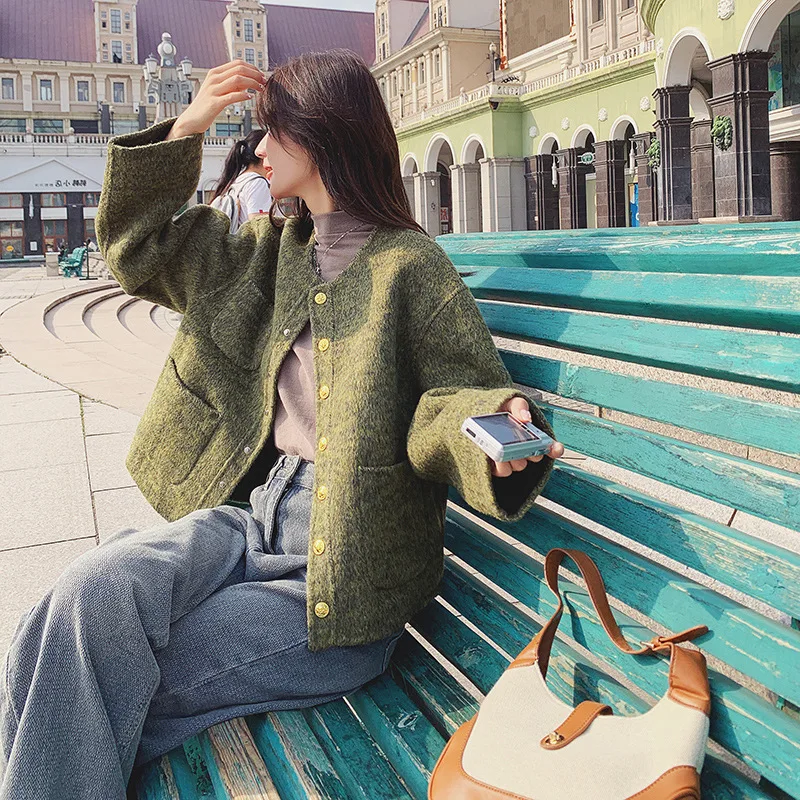 Wholesale green small fragrant woolen coat women's short autumn and winter small man high-end sense super good-looking