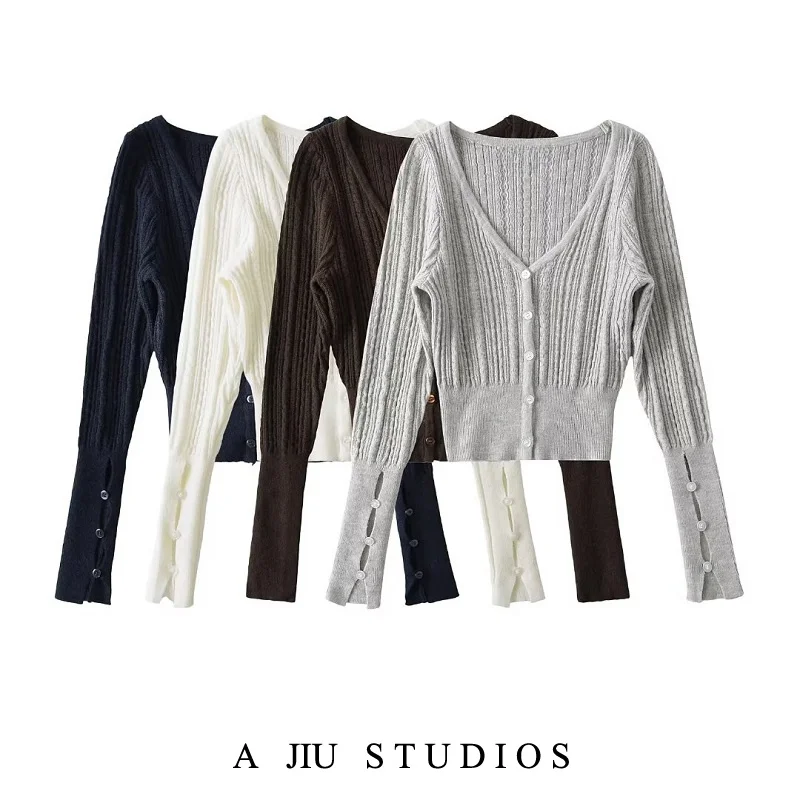 

Весенний ранний винтажный приталенный длинный вязаный кардиган Sve V-Ne, женский свитер с коротким рукавом и пупком, Commute Faion