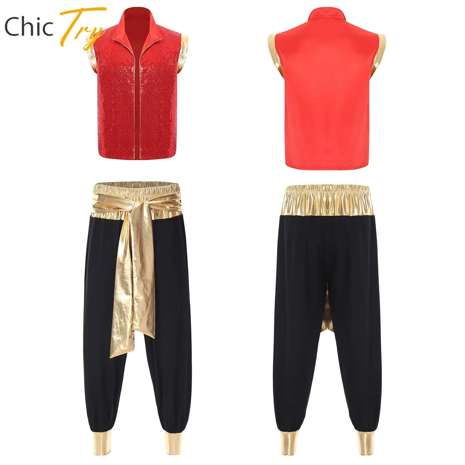 

Mens Sparkly Sequin Arabian Prince Costume Outfit Open Front Vest+Pants Performance Sets T for Halloween Carnival Themed Party