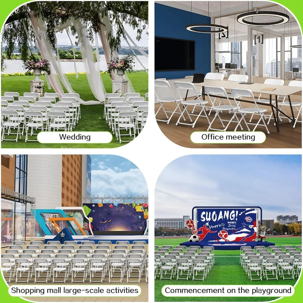 Folding Chairs 10 Pack, White Plastic Folding Chairs for Indoor Outdoor, Portable Stackable Commercial Seat with Steel Frame