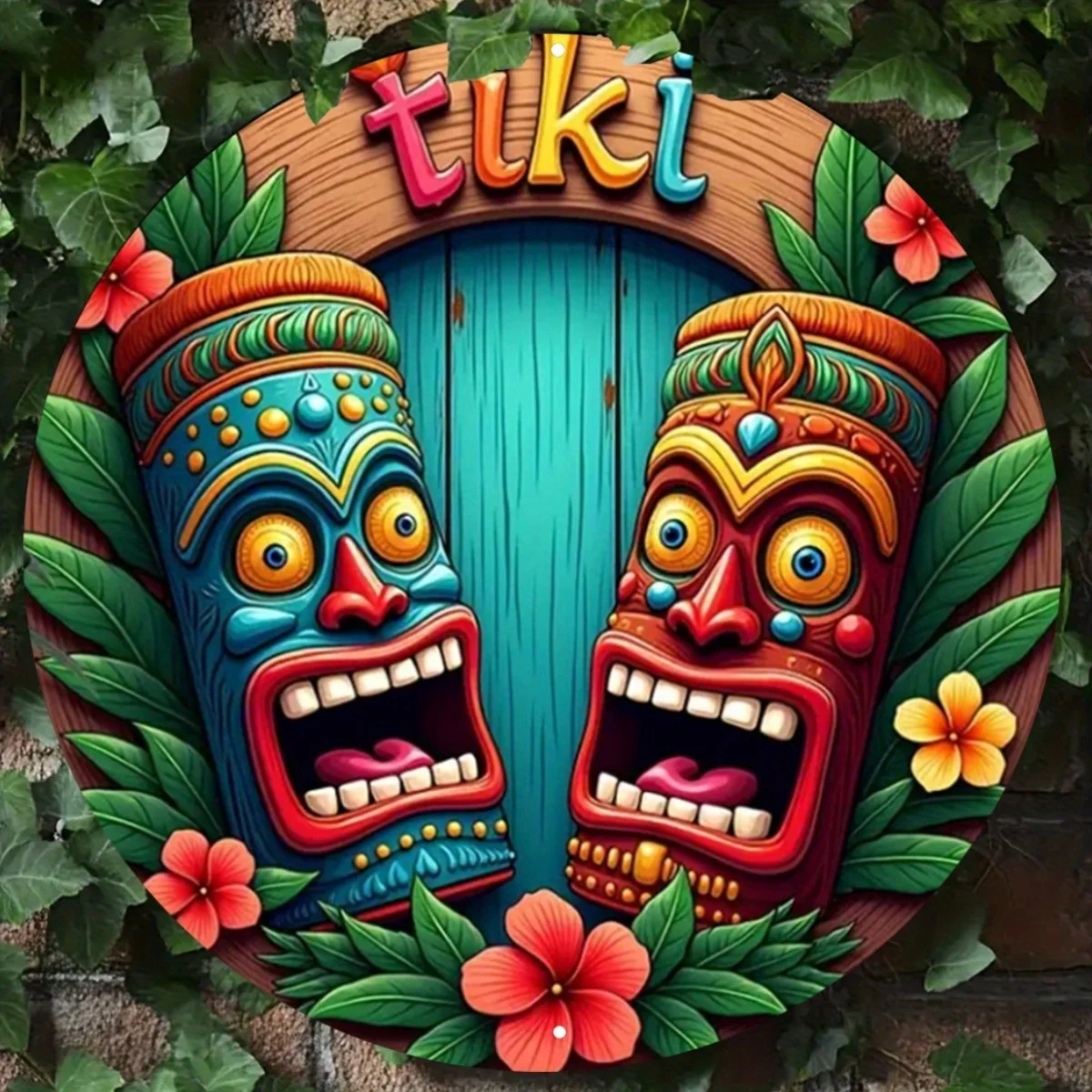 2D Flat - 1 Pack 2D Flat Vintage Tiki Mask Printed Round Aluminum Sign, Modern Tropical Wall Decorations for Bars, Kitchens, Hom