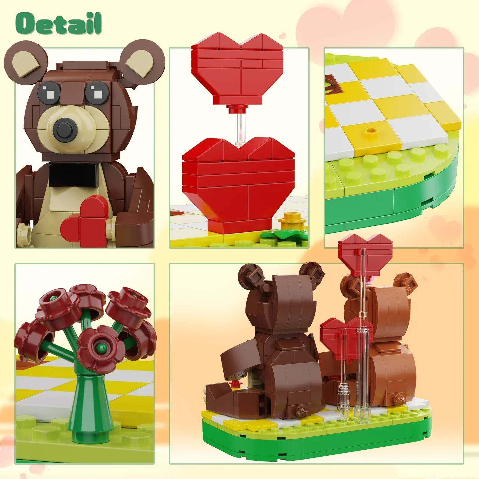 MOC San Valentino Romantico Orso Rosa Building Block Set Simpatici Animali Coppia Orso Bruno Modello Decorazione di Nozze Fai da Te Giocattoli Regali