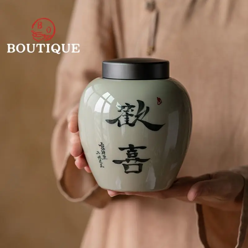 Handwritten Calligraphy Ceramic Tea Box Organizer Elegant Plant Ash Storage Tank Containers Tea Caddy Cha Accessories Decoration