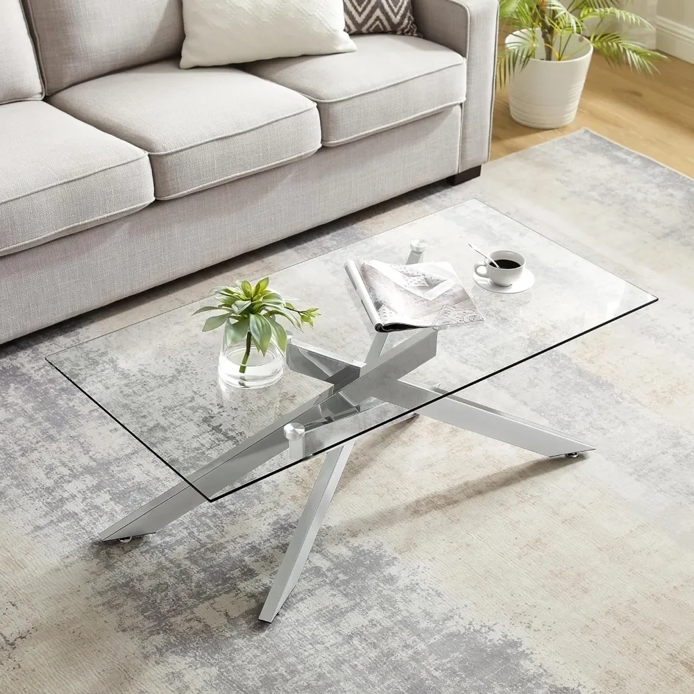 Rectangle Modern Coffee Table Coffe Table for Living Room Furniture Silver Tempered Glass Top and Metal Tubular Leg Furnitures