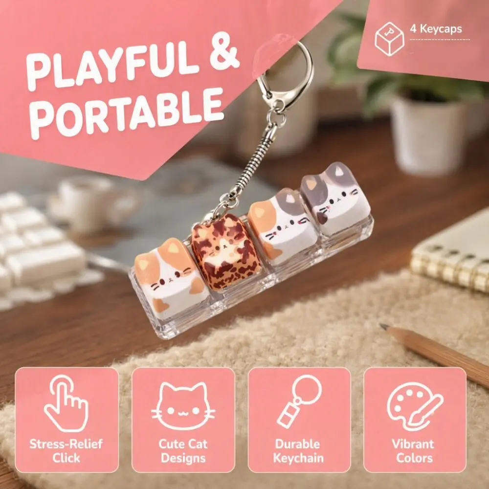 4 Keys Cat Fidget Keychain Kawaii Finger Button Cat Mechanical Keyboard Keyring Switch Tester Bag Pendant Keycap Keychain