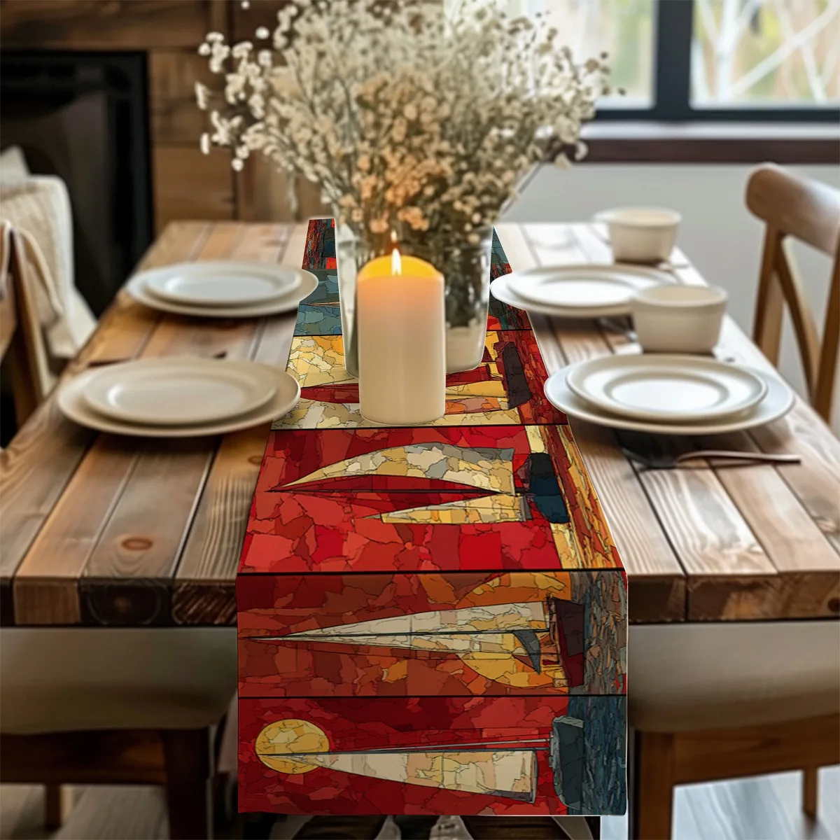 print table runner Sailboat Sunset Abstract Mosaic Style Tablecloth for Festivities,Weddings,Banquets,Home Decor Gifts Decoratio