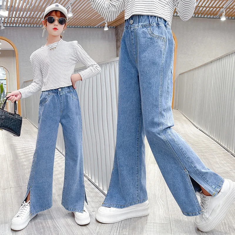 Girls' Slim Fit Jeans for Spring and Autumn. Juvenile and Youthful Cuffed Jeans with Split Hem. Hipster Long Pants.