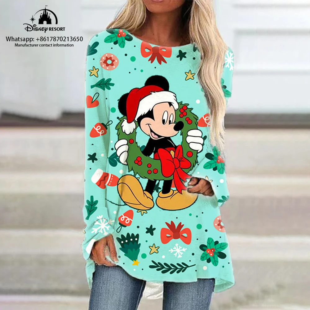 Autumn Christmas New Ladies Round Neck Loose Long Sleeve T-Shirt Disney Minnie Anime Fashion Casual Raglan Sleeve Dress