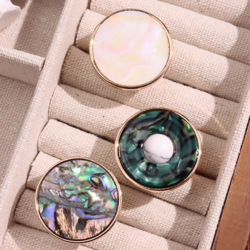 Geometry Round Colorful Shell White Stone Europe America Trend Vintage Ring for Women Girl Jewelry HUANZHI NEW Mother\'s Day Gift