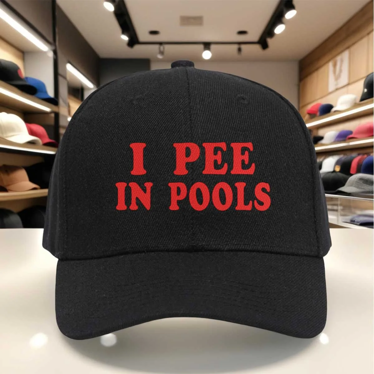 I PEE IN POOLS Print Baseball Cap, Fun Novelty Letter Pattern Hat, Red & White Design, Adjustable Cap for Casual Wear