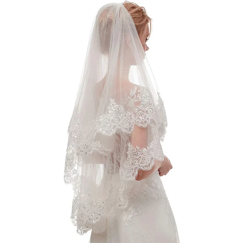 2 Layers Sequins Lace FIngertip Woodland Wedding Veils with Comb White Ivory 2 T Bridal Veils