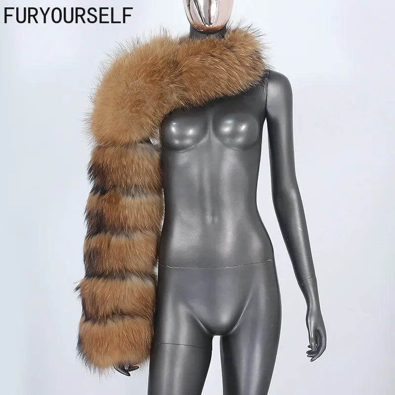 

FURYOURSELF 2023 New Fashion Winter Jacket Women Natural Real Raccoon Fox Fur Sleeve Coat Ladies Fashion One Sleeve Outerwear