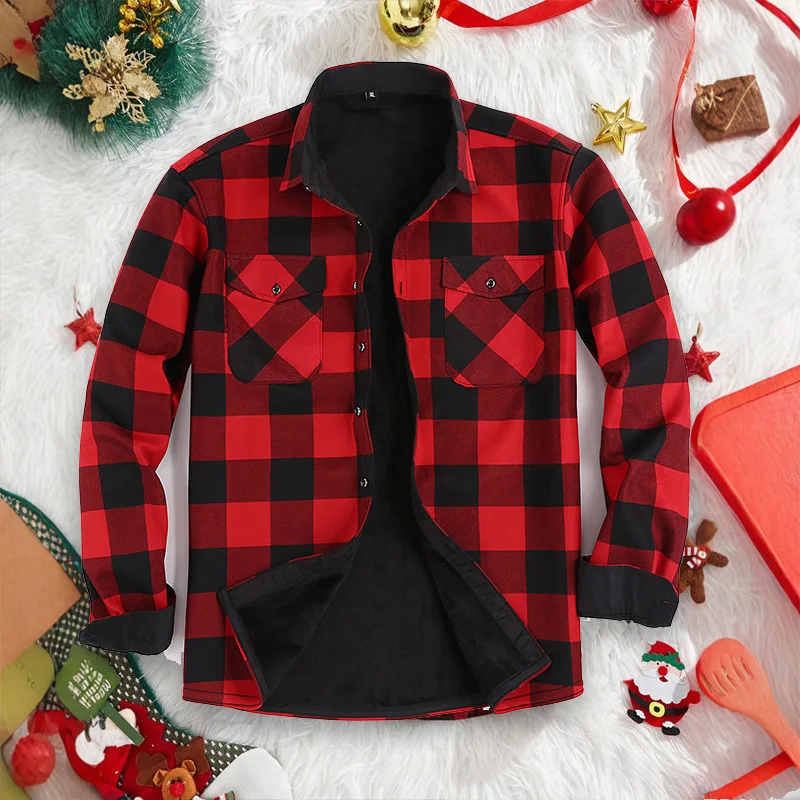 

Новая фланелевая бархатная мужская рубашка с двойным карманом, свободная клетчатая рубашка с длинным рукавом