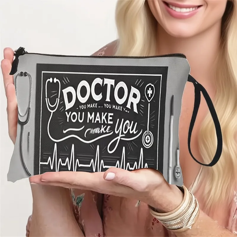 Doctor-Themed Inspirational Slogan Makeup Bag, Medical Style Printed Portable Toiletry Pouch, Practical Travel Wristlet Organize