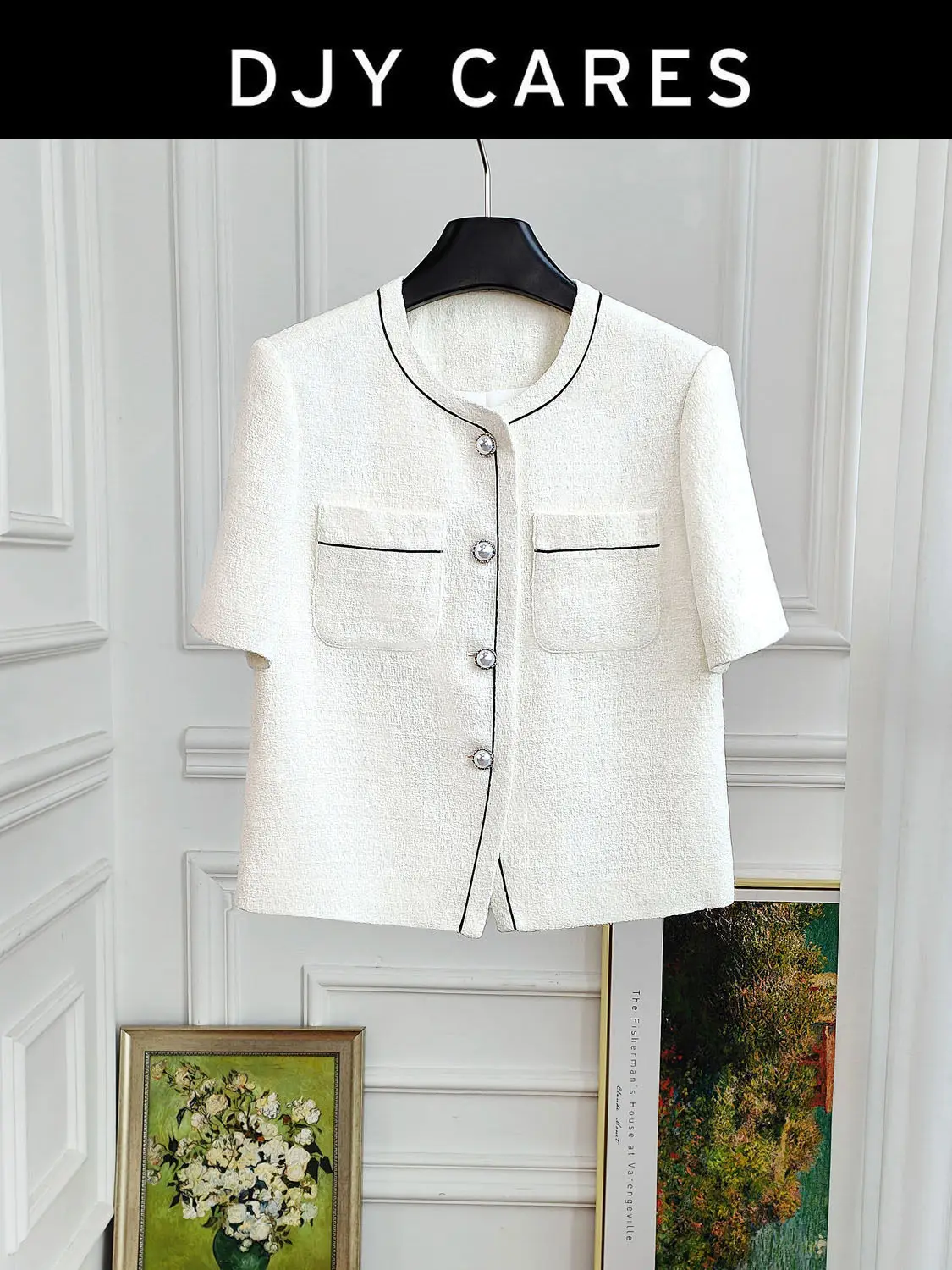 

New Versatile color contrasting white top with brushed short sleeved thin jacket big size