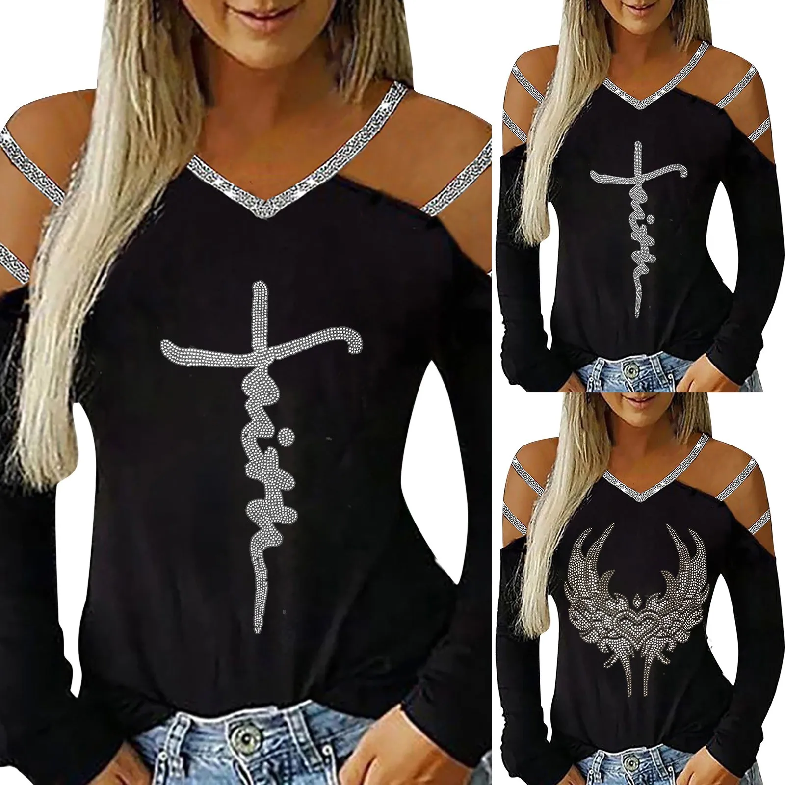 Chic Zircon Heart Skull Heart T-shirt Women Solid Color Hollow Long Sleeved Tops V Neck Fashion Spring Summer Tee Clothes