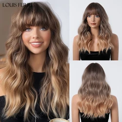 LOUIS FERRE pelucas sintéticas onduladas de longitud media con flequillo, pelucas de pelo ondulado Natural Rubio marrón ombré para mujeres, peluca de fibra de uso diario